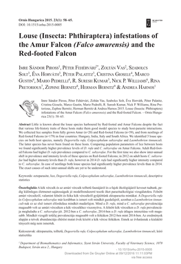 Louse (Insecta: Phthiraptera) Infestations of the Amur Falcon (Falco Amurensis) and the Red-Footed Falcon