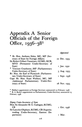 Appendix a Senior Officials of the Foreign Office, 1936-381