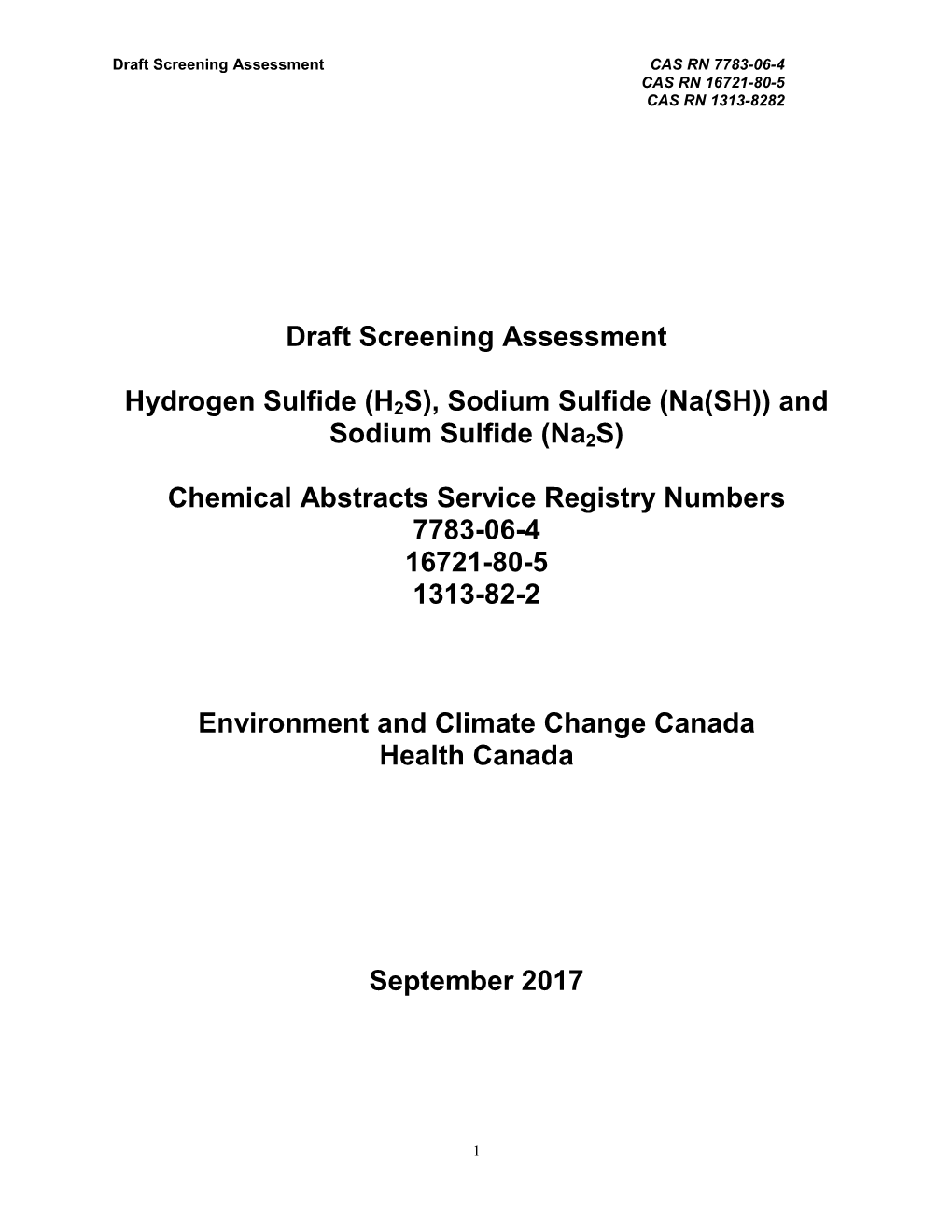 Draft Screening Assessment Hydrogen Sulfide (H2S)