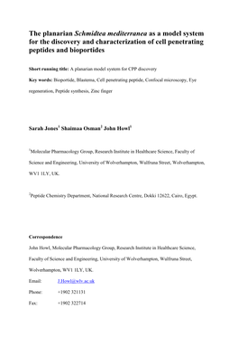 The Planarian Schmidtea Mediterranea As a Model System for the Discovery and Characterization of Cell Penetrating Peptides and Bioportides