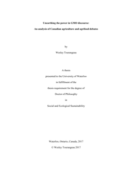 Unearthing the Power in GMO Discourse: an Analysis of Canadian Agriculture and Agrifood Debates by Wesley Tourangeau a Thesis P