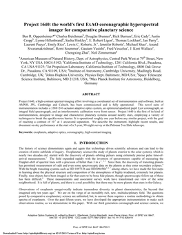 Project 1640: the World's First Exao Coronagraphic Hyperspectral Imager for Comparative Planetary Science Ben R