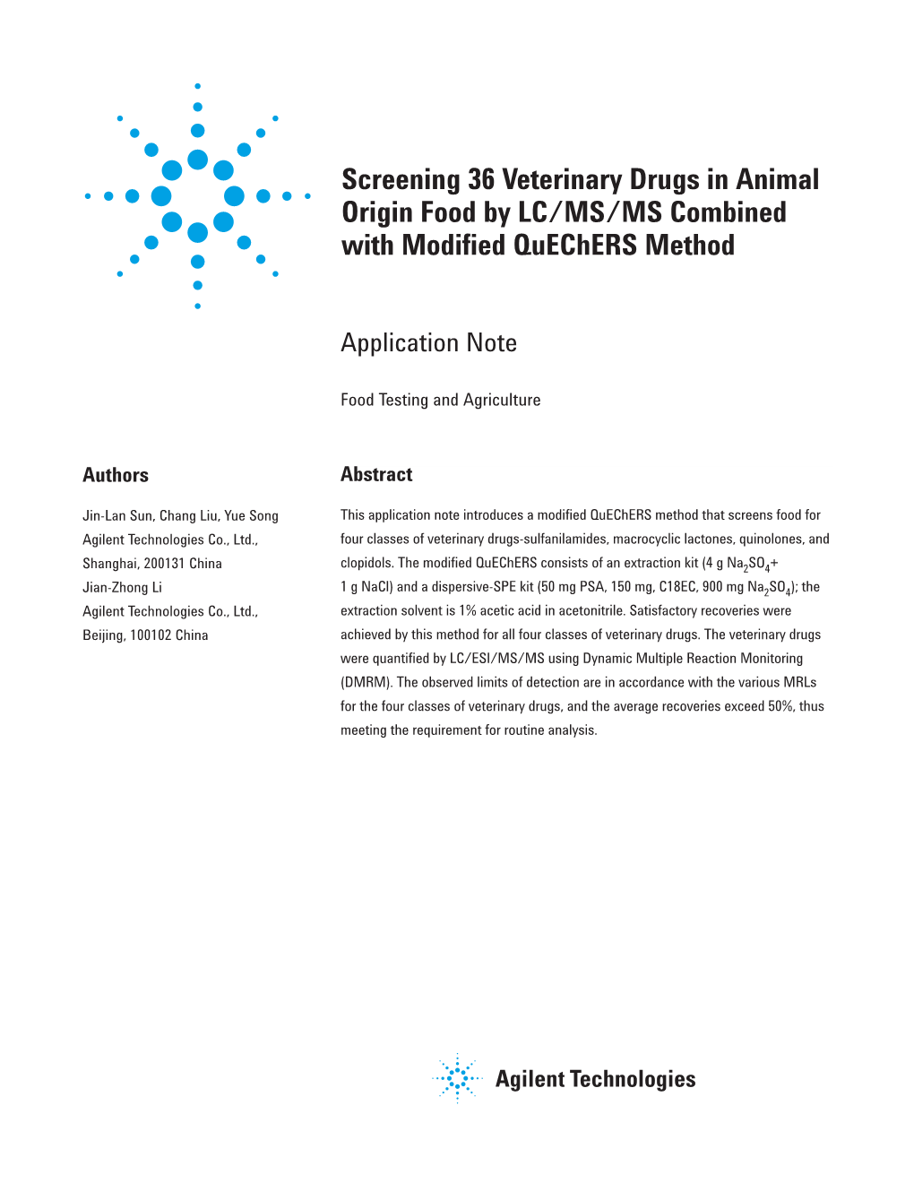 Screening 36 Veterinary Drugs in Animal Origin Food by LC/MS/MS Combined with Modified Quechers Method