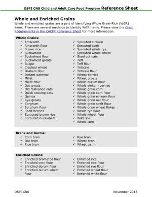 Whole and Enriched Grains CACFP Reference Sheet