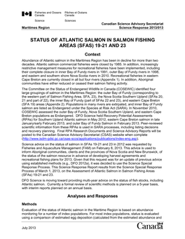 Status of Atlantic Salmon in Salmon Fishing Areas