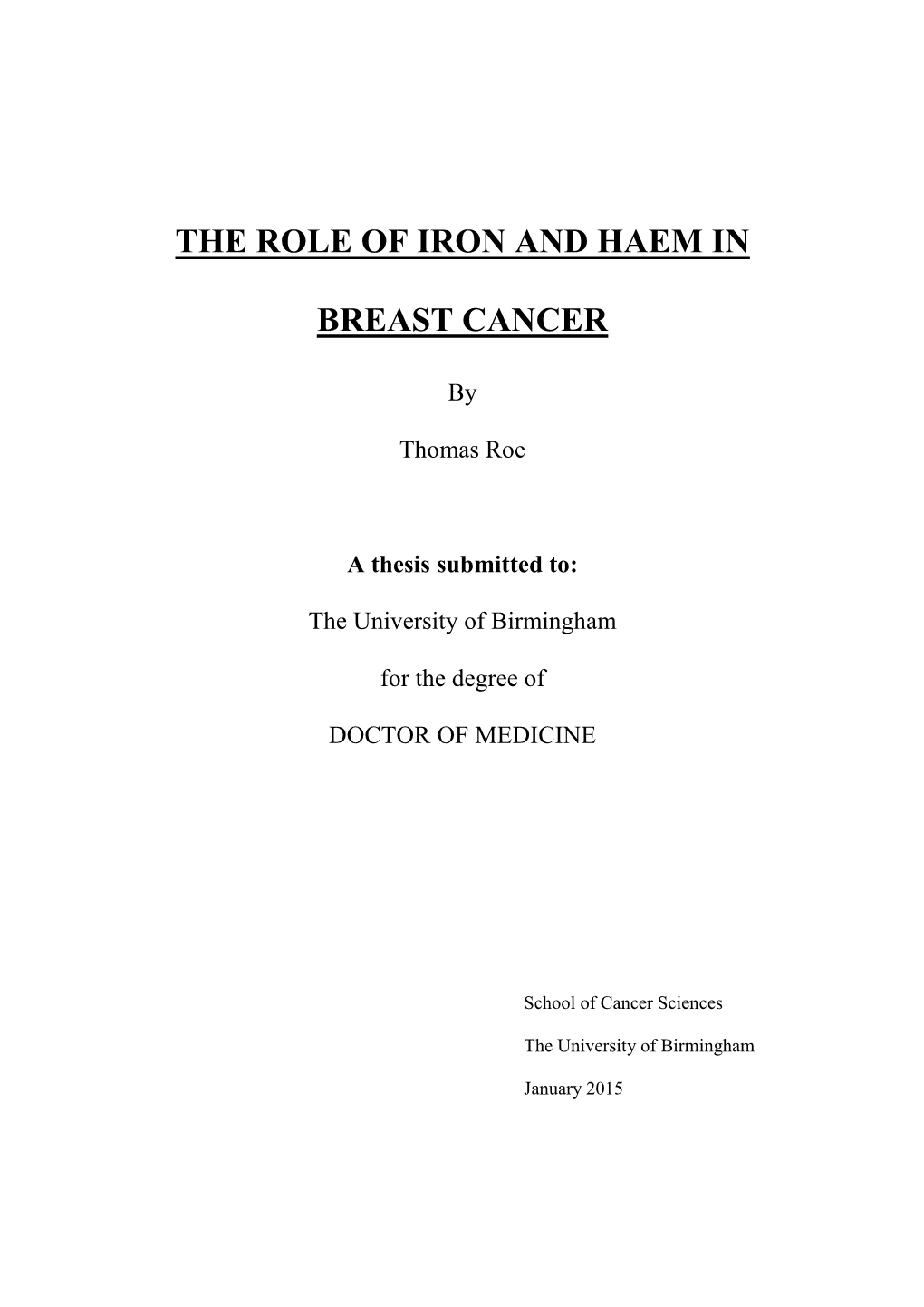 The Role of Iron and Haem in Breast Cancer