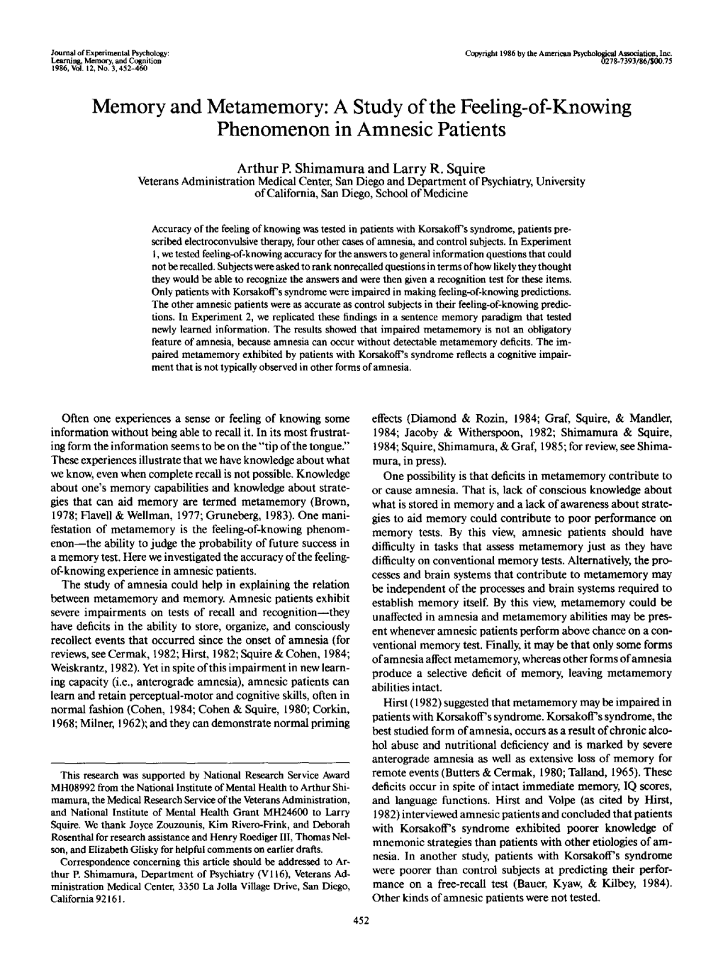 Memory and Metamemory: a Study of the Feeling-Of-Knowing Phenomenon in Amnesic Patients