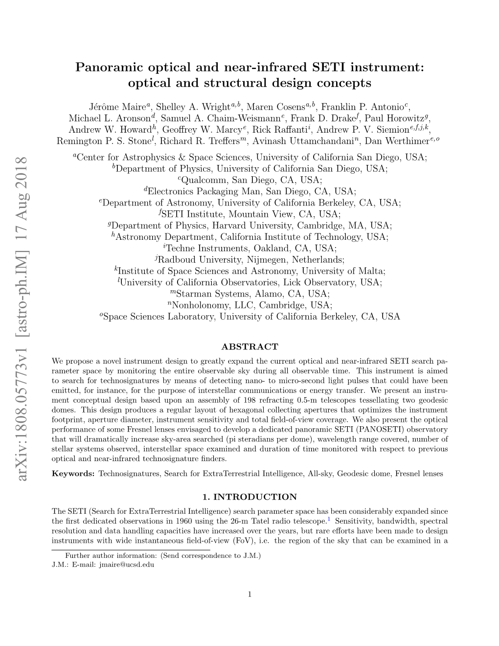 Panoramic Optical and Near-Infrared SETI Instrument: Optical and Structural Design Concepts