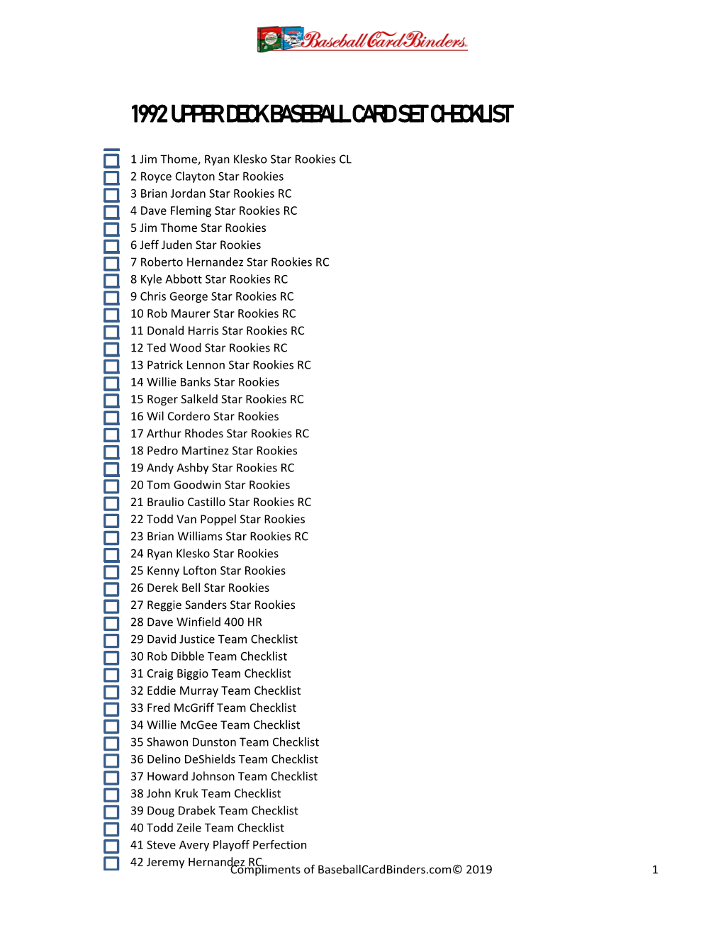 1992 Upper Deck Baseball Card Set Checklist