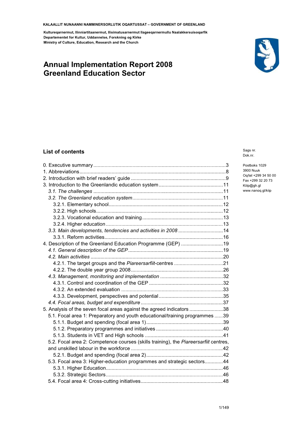 Annual Implementation Report 2008 Greenland Education Sector