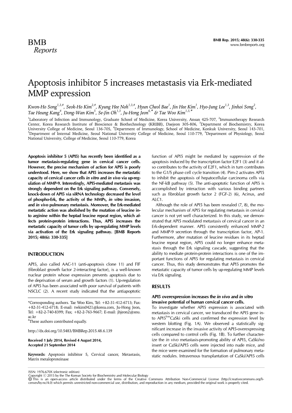 Apoptosis Inhibitor 5 Increases Metastasis Via Erk-Mediated MMP Expression