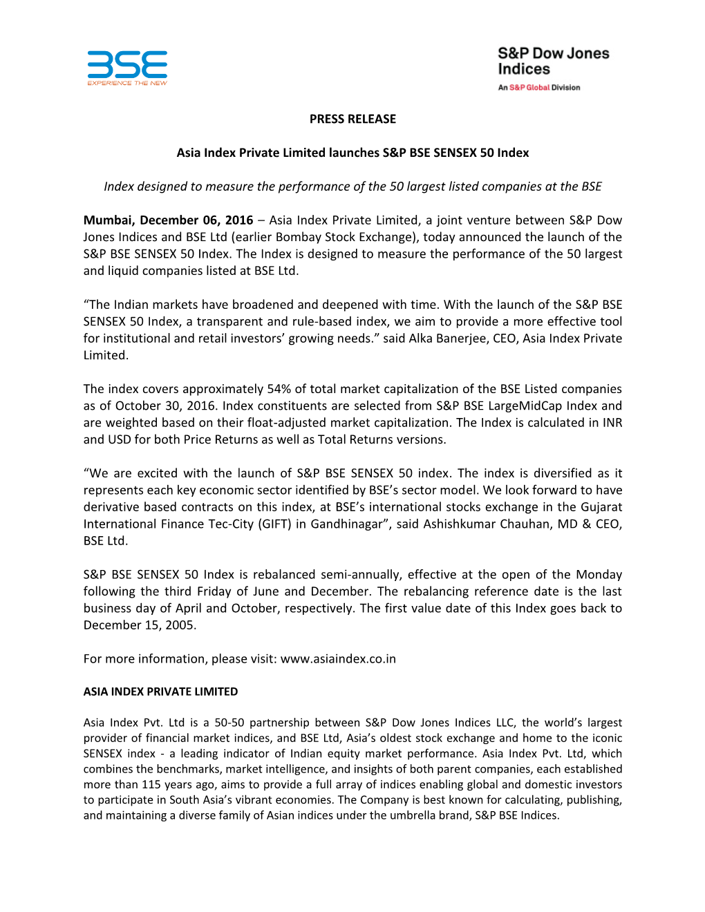 PRESS RELEASE Asia Index Private Limited Launches S&P BSE