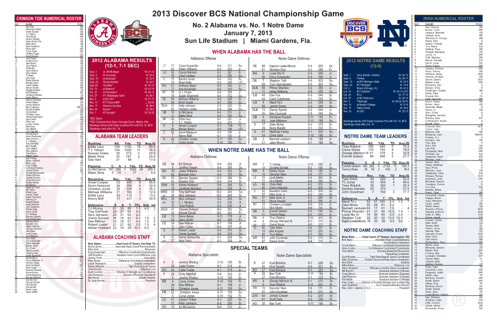 2013 Discover BCS National Championship Game CRIMSON TIDE NUMERICAL ROSTER IRISH NUMERICAL ROSTER NO