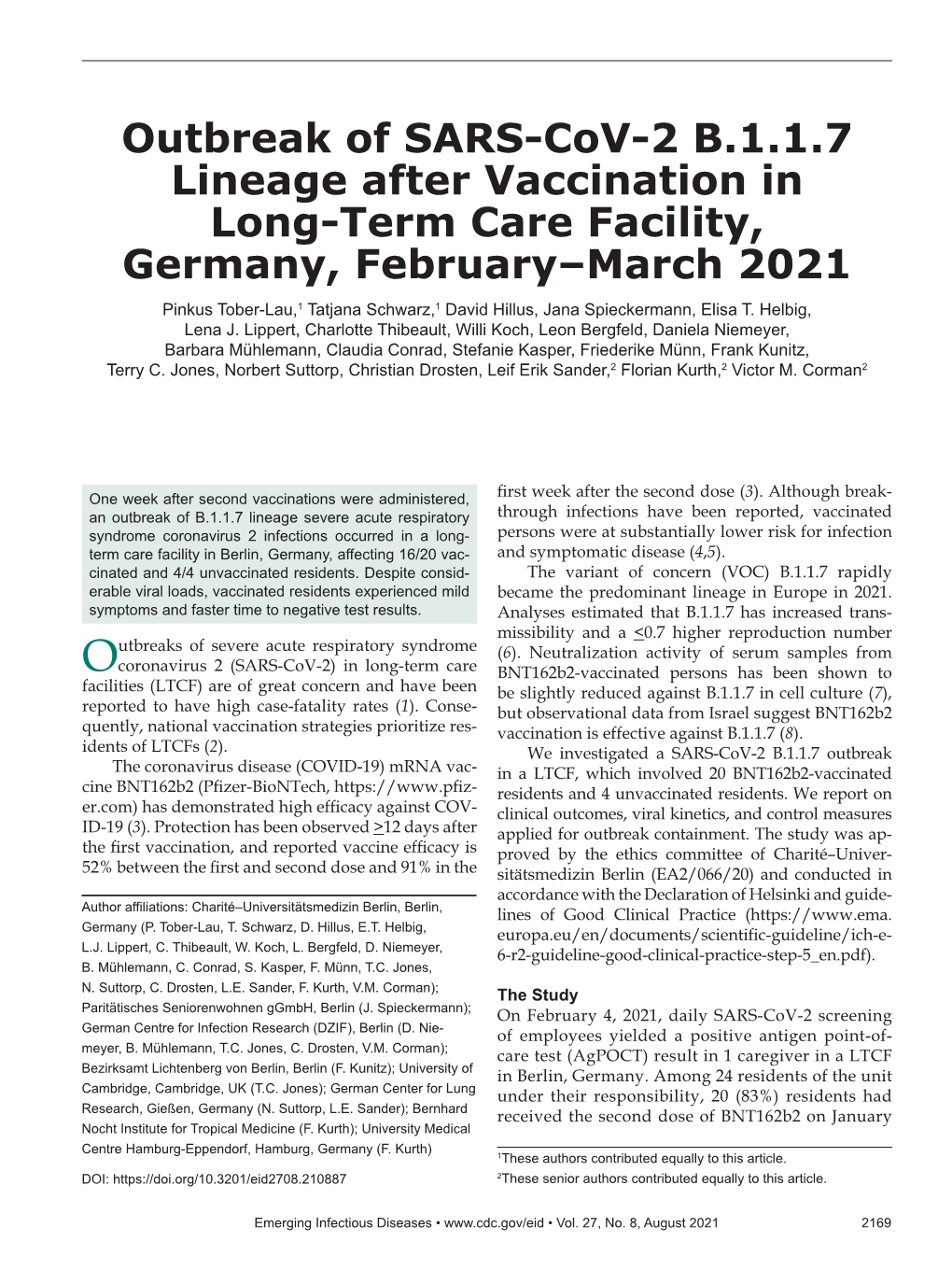 Outbreak of SARS-Cov-2 B.1.1.7 Lineage After Vaccination in Long-Term Care Facility, Germany, February–March 2021