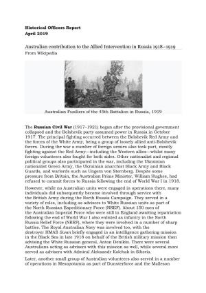 Australian Contribution to the Allied Intervention in Russia 1918–1919 from Wikipedia