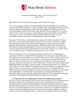 Dr. Kenneth Kaushansky's Report to the University Senate April 6, 2020