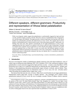 Productivity and Representation of Xhosa Labial Palatalization