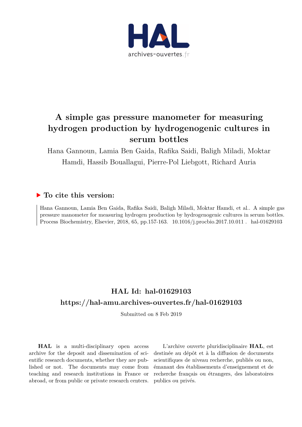 A Simple Gas Pressure Manometer for Measuring Hydrogen Production By