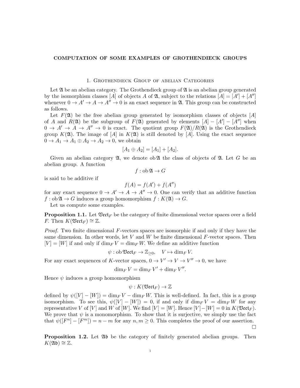 1. Grothendieck Group of Abelian Categories Let a Be an Abelian Category