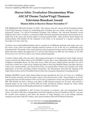 Troubadour Documentary Wins ASCAP Deems Taylor/Virgil Thomson Television Broadcast Award Sharon Isbin to Receive Honor November 17