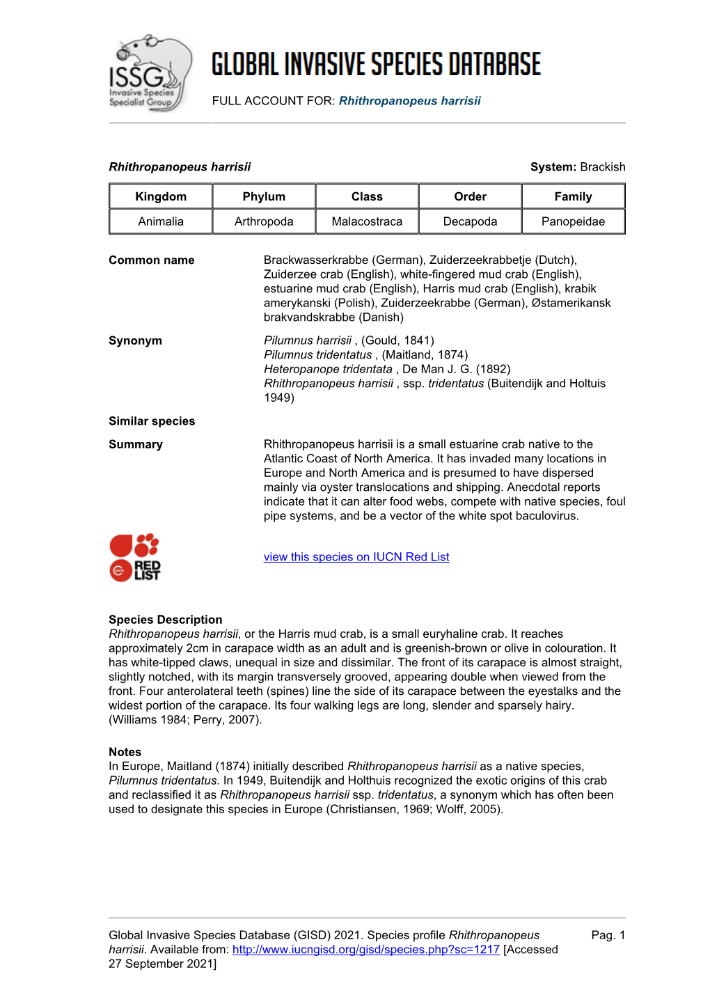 Rhithropanopeus Harrisii Global Invasive Species Database (GISD)