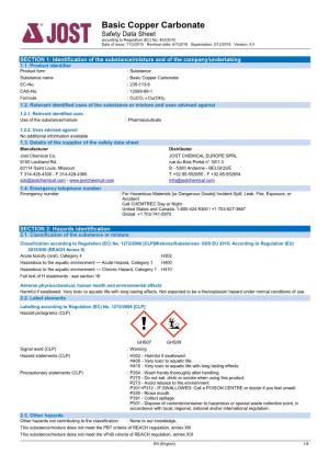 Basic Copper Carbonate Safety Data Sheet According to Regulation (EC) No