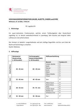 HOCHWASSERINFORMATION SAUER, ALZETTE, CHIERS Und SYRE Mittwoch, 14