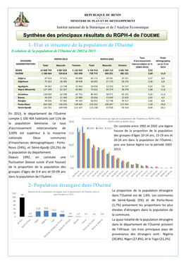 Population Étrangère Dans L'ouémé Synthèse Des Principaux Résult