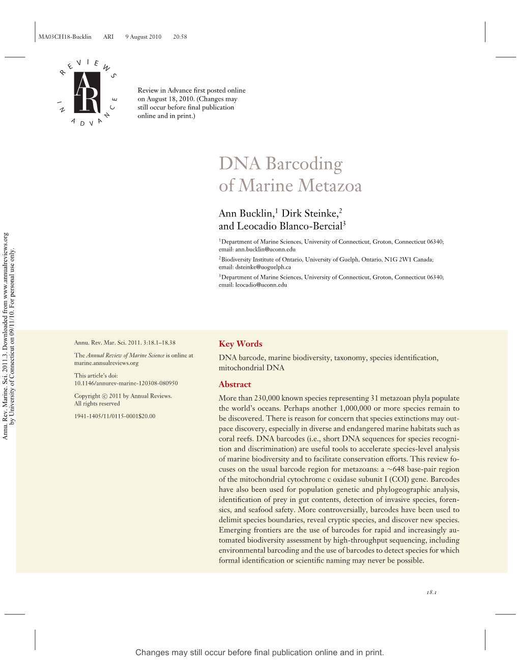 DNA Barcoding of Marine Metazoa