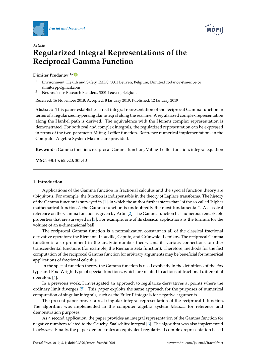 Regularized Integral Representations of the Reciprocal Gamma Function