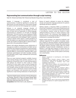 LETTER to the EDITOR Rejuvenating Lost Communication Through Script Training Nadir Ali, 1 Muhammad Shaban Rafi, 2 Muhammad Sikander Ghayas Khan, 3 Uzma Mahfooz 4