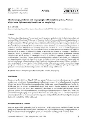 Zootaxa, Relationships, Evolution and Biogeography of Semaphore