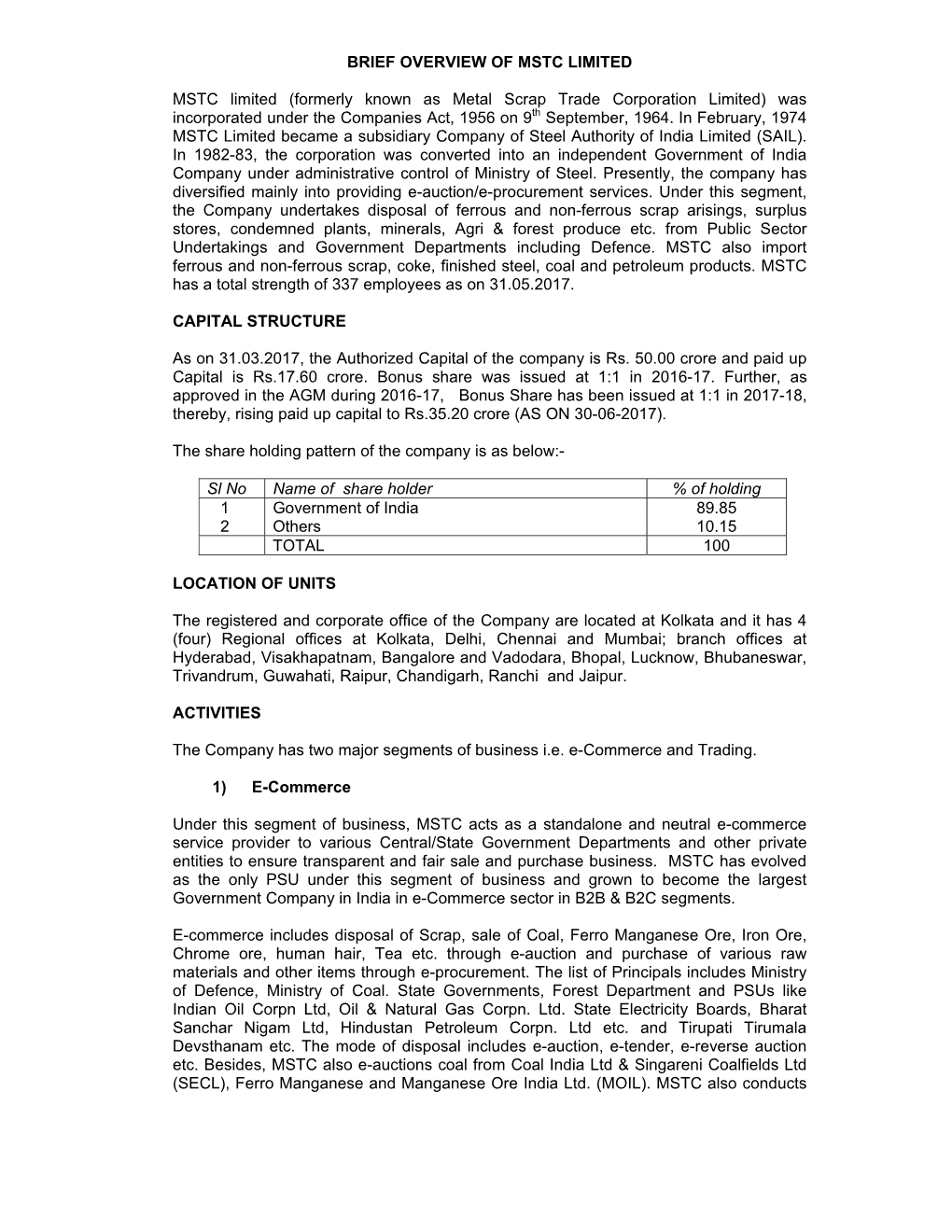 BRIEF OVERVIEW of MSTC LIMITED MSTC Limited