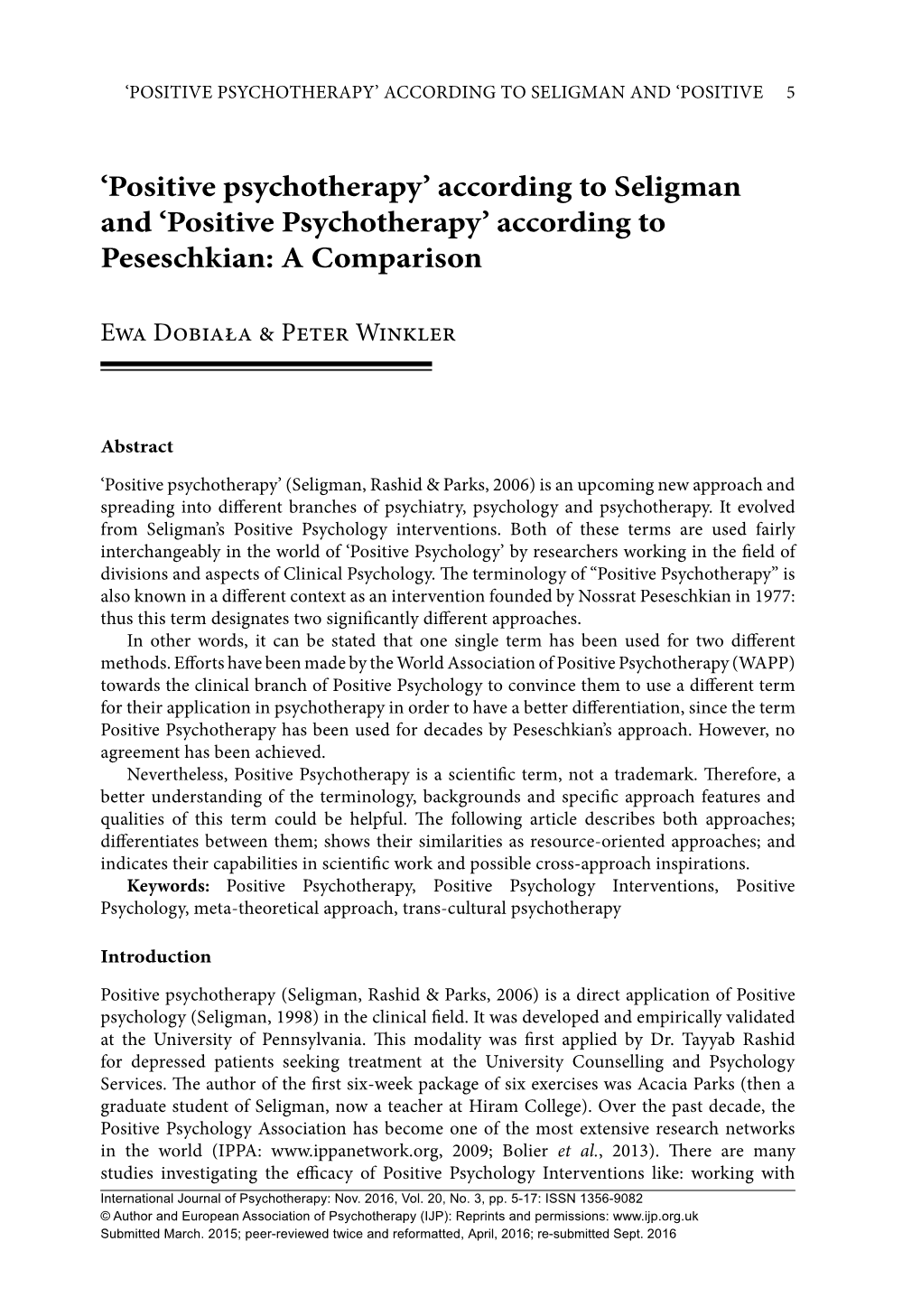 'Positive Psychotherapy' According to Peseschkian: a Comparison