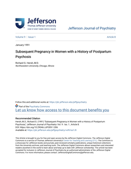 Subsequent Pregnancy in Women with a History of Postpartum Psychosis