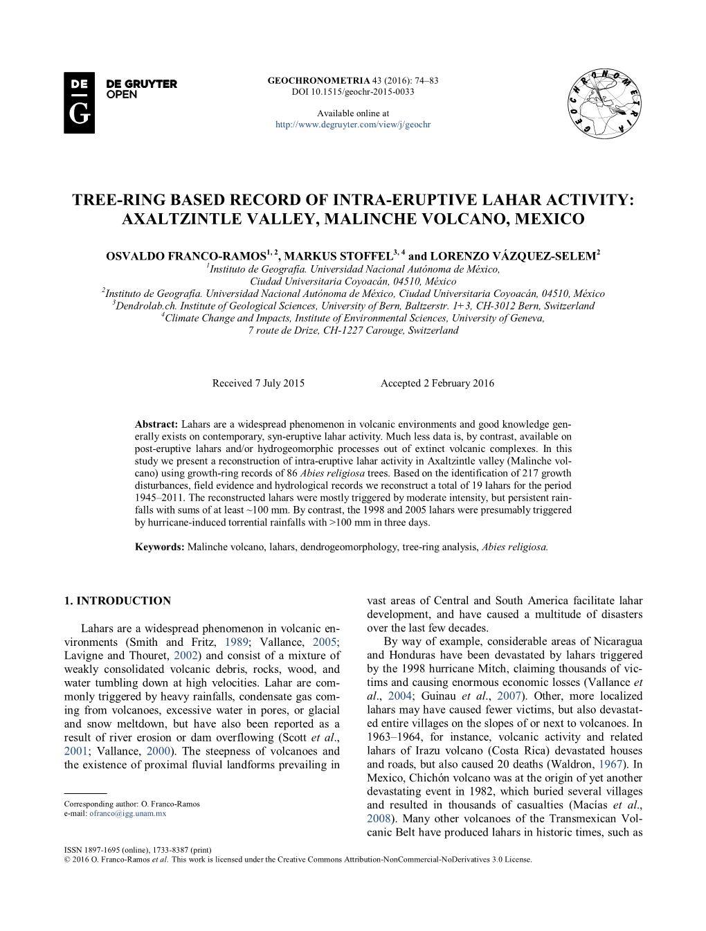 Tree-Ring Based Record of Intra-Eruptive Lahar Activity: Axaltzintle Valley, Malinche Volcano, Mexico