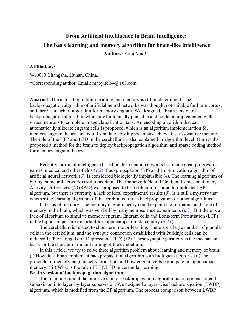 From Artificial Intelligence to Brain Intelligence: the Basis Learning and Memory Algorithm for Brain-Like Intelligence Authors: Yifei Mao1*