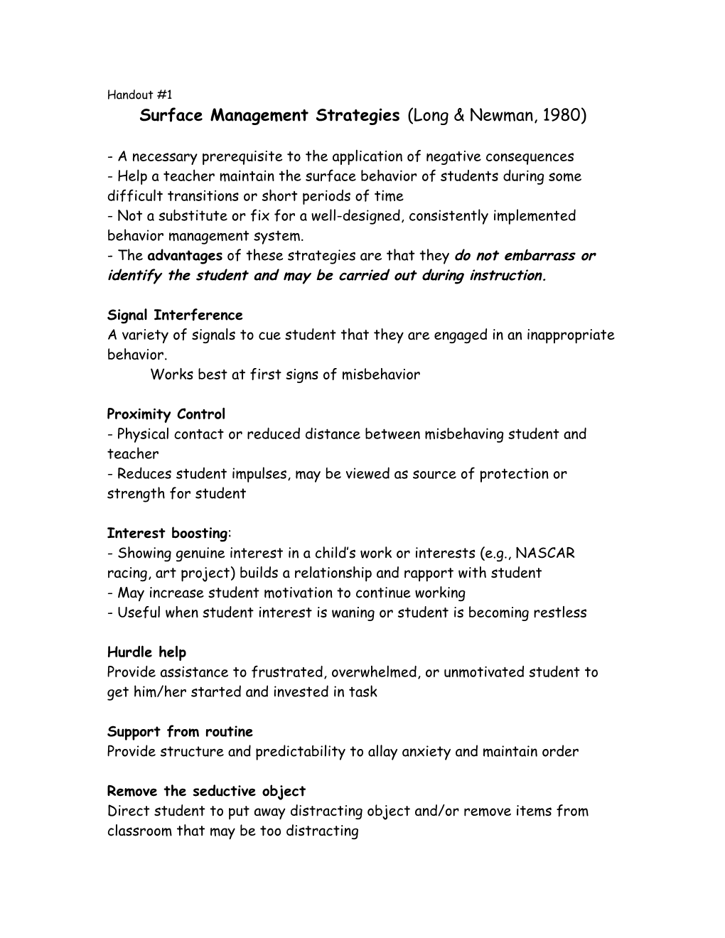 Surface Management Strategies (Long & Newman, 1980)