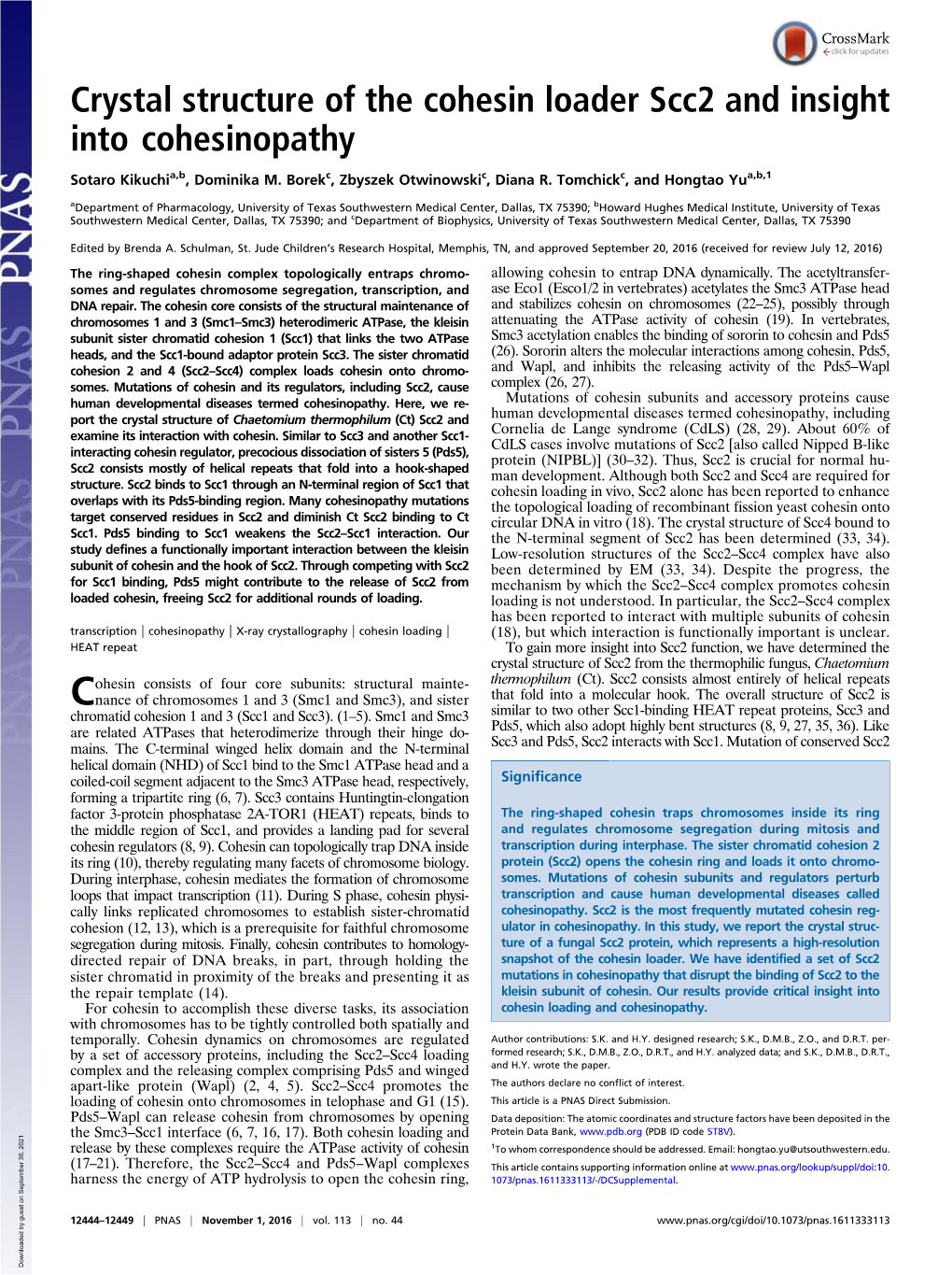 Crystal Structure of the Cohesin Loader Scc2 and Insight Into Cohesinopathy