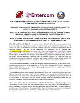 New Jersey Devils and New York Islanders Partner with Entercom to Exclusively Stream All Games During 2018-19 Season Inaugural I
