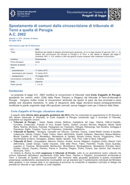 Spostamento Di Comuni Dalla Circoscrizione Di Tribunale Di Terni a Quella Di Perugia A.C