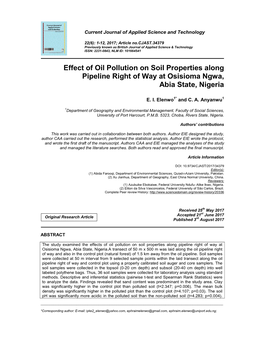 Effect of Oil Pollution on Soil Properties Along Pipeline Right of Way at Osisioma Ngwa, Abia State, Nigeria