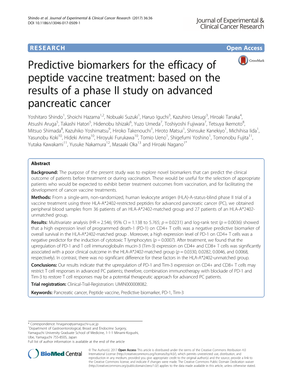 Predictive Biomarkers for the Efficacy of Peptide Vaccine Treatment