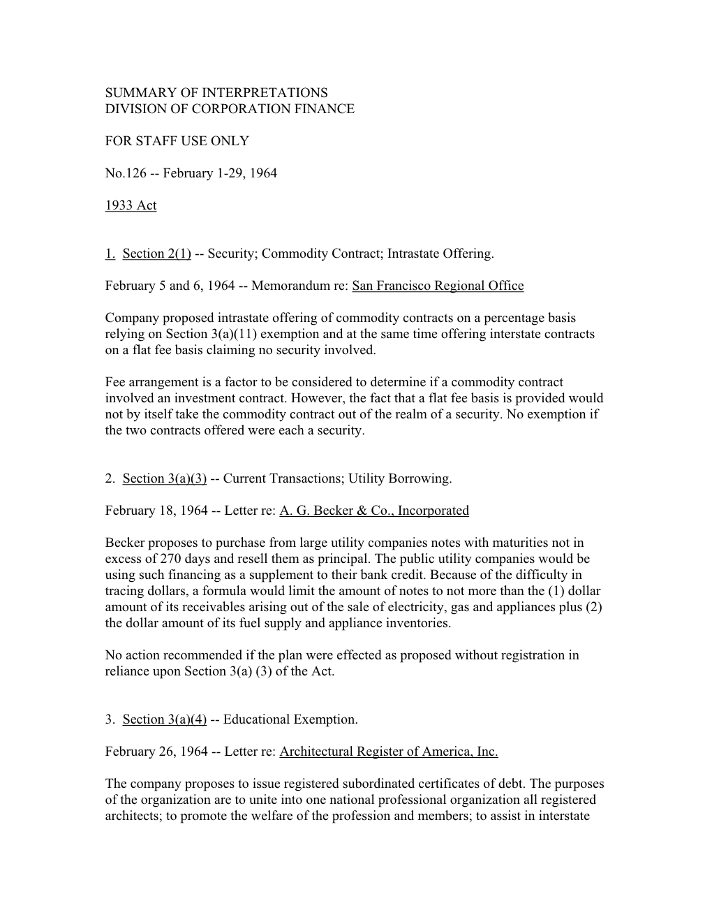 Summary of Interpretations Division of Corporation Finance