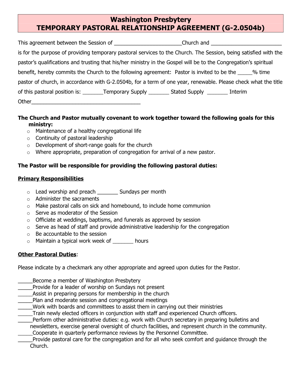 TEMPORARY PASTORAL RELATIONSHIP AGREEMENT (G-2.0504B)