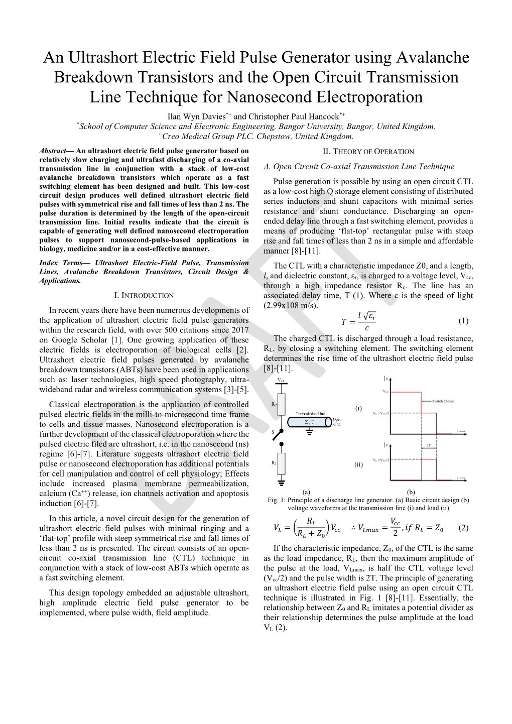 An Ultrashort Electric Field Pulse Generator Using Avalanche Breakdown Transistors and the Open Circuit Transmission Line Techni