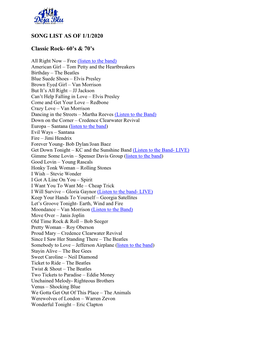SONG LIST AS of 1/1/2020 Classic Rock- 60'S & 70'S