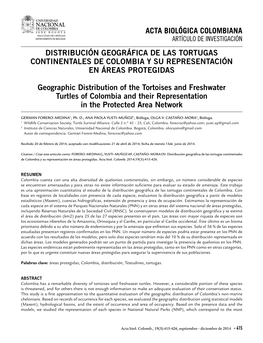 Distribución Geográfica De Las Tortugas Continentales De Colombia Y Su Representación En Áreas Protegidas