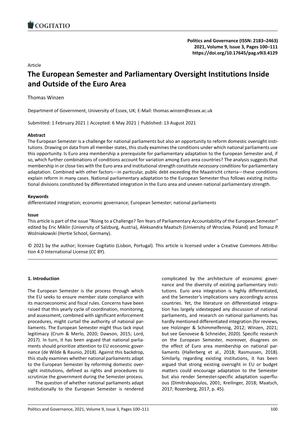 The European Semester and Parliamentary Oversight Institutions Inside and Outside of the Euro Area