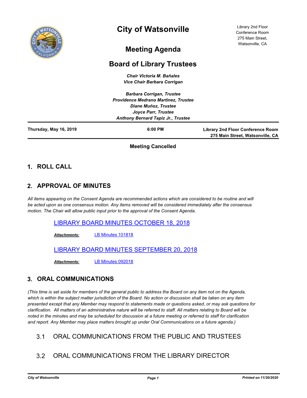 City of Watsonville Conference Room 275 Main Street, Watsonville, CA Meeting Agenda